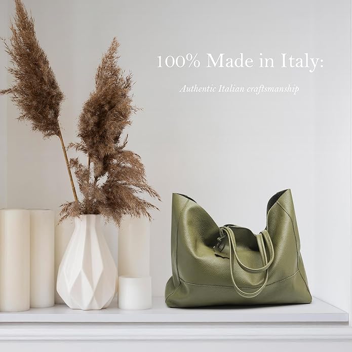 Italian Leather Tote Bag for Women - Large Shoulder Shopper, Fits 16” Laptop, Keychain Holder, Made in Italy