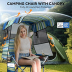 Folding Camping Chair with Reinforced Shade Canopy Comfortable Wide Seat with Cup Holder and Side Pocket Portable Outdoor Chair for Beach Fishing Sports Lawn Supports 350 LBS