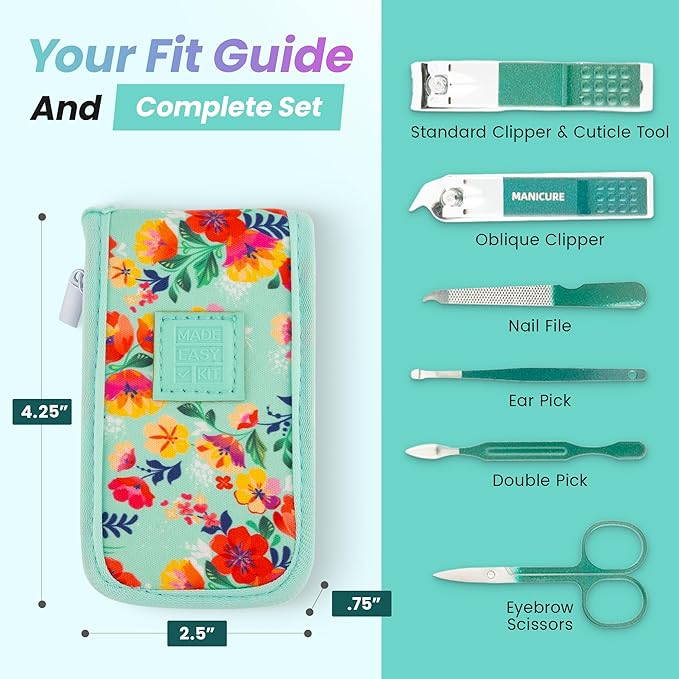 Made Easy Kit Nail Clipper Set – 7-Piece Portable Manicure & Grooming Kit with Stainless Steel Tools in Neoprene Case – Stay Organized, Purse-Friendly, Travel Essential for Women & Men (Teal)