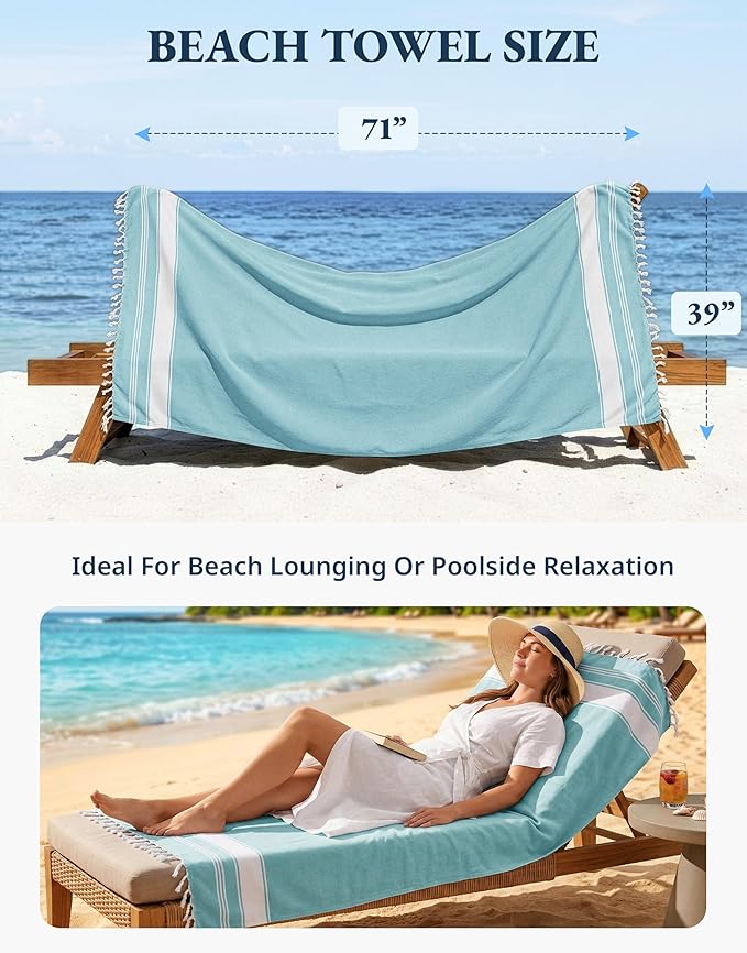 LANE LINEN Beach Towel 2 Pack, Oversized Beach Towel 39"x71", Lightweight Beach Essentials for Women, Large Pool Towel, Absorbent & Quick Dry, Sand Free Beach Towel - Aqua