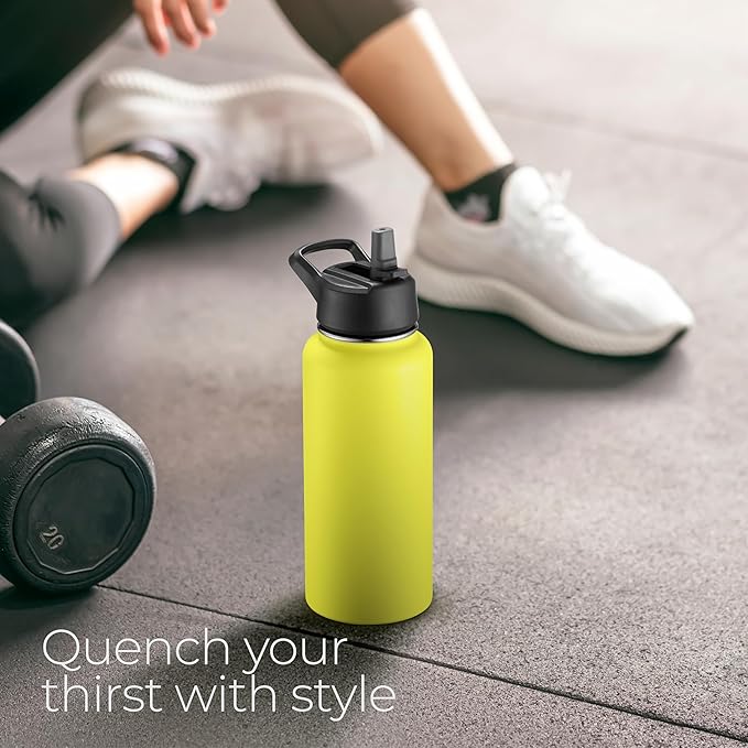 SipX™ Triple-Insulated Stainless Steel Water Bottle 32oz. With 3 Lids, BPA-Free Reusable Insulated Water Bottle Keeps Cold 24 Hours, (Yellow)