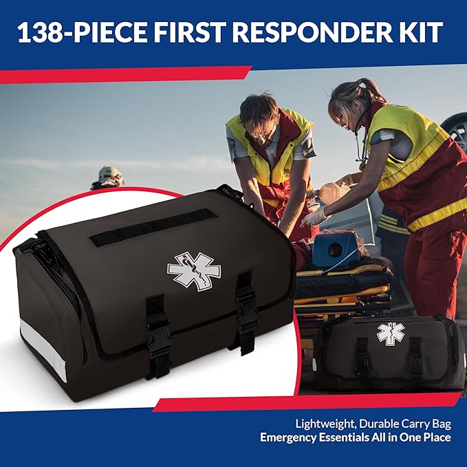 First Responder Trauma First Aid Kit Bag – Fully Stocked Emergency Medical Kit for Workplace, Vehicle & Home – OSHA & ANSI Compliant – Portable – Tactical Black