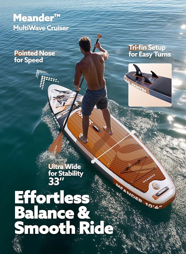 SLOOSH Inflatable Stand Up Paddle Board, 10'6" Inflatable Paddle Boards with Premium Accessories, Non-Slip EVA Deck, Ultra-Light Carry Bag Pump, Meander SUP for Youth & Adults