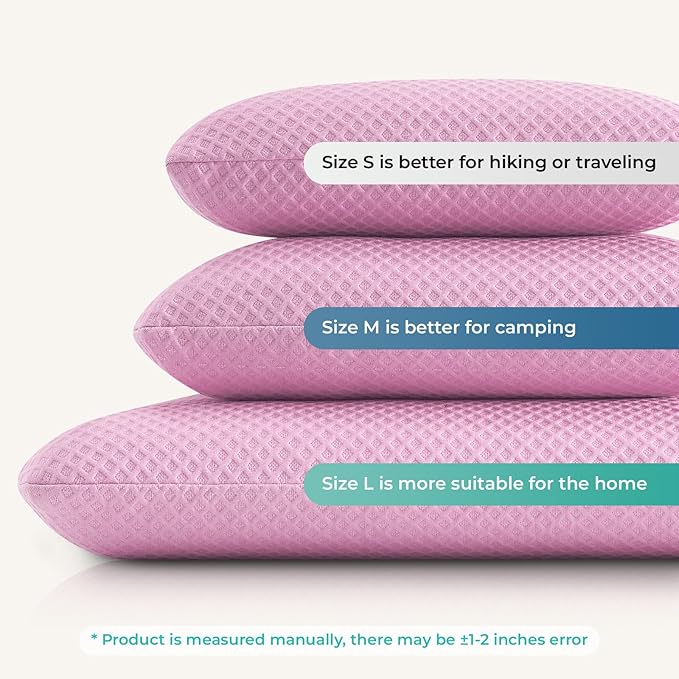 Travel Pillow Memory Foam Pillows, Camping Pillow-Compressible Medium Firm, Breathable Cover, Ideal Backpacking Hiking, Bed Pillows, Airplane and Car (Apricot Pink, M)