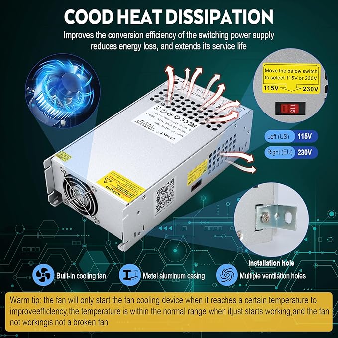 VAYALT 12V 100A 1200W DC Switching Power Supply, Universal Regulated Switching AC 110V/220V to DC 24V Transformer, Power Supply for Industrial, CCTV, Computer Project, LED Strip Light(No Power Cord)