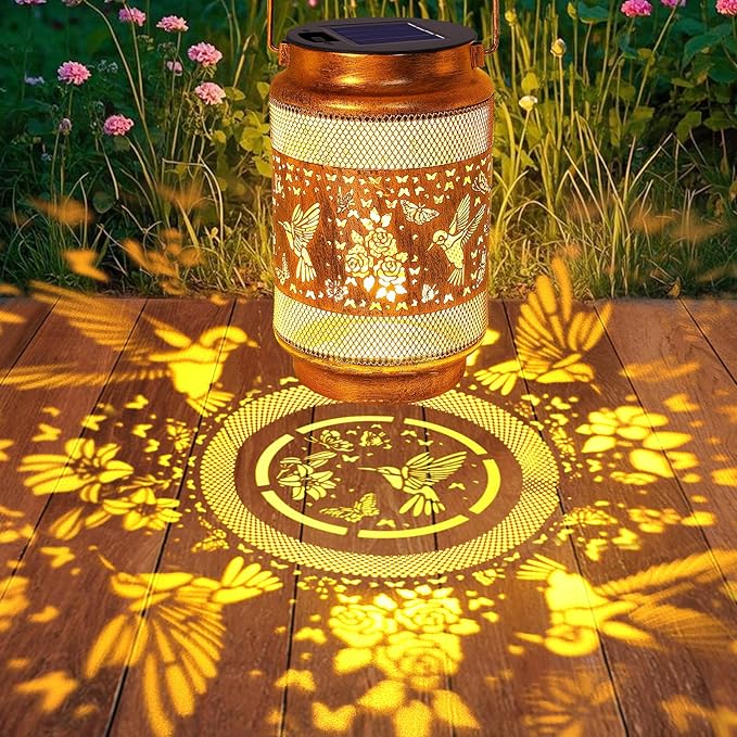 2 Pack Hummingbird Solar Lanterns Outdoor Waterproof Solar Garden Decor, Birthday Gifts for Women Mom Grandma, Metal Hanging Lights with Shepherd Hook for Yard Patio Pathway Backyard Porch