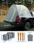 JOYTUTUS Pickup Truck Tent 6.5ft 2.0, Waterproof PU2000mm Double Layer for 2 Person, Portable Truck Bed Tent with Rainfly, Green, Aluminum Pole