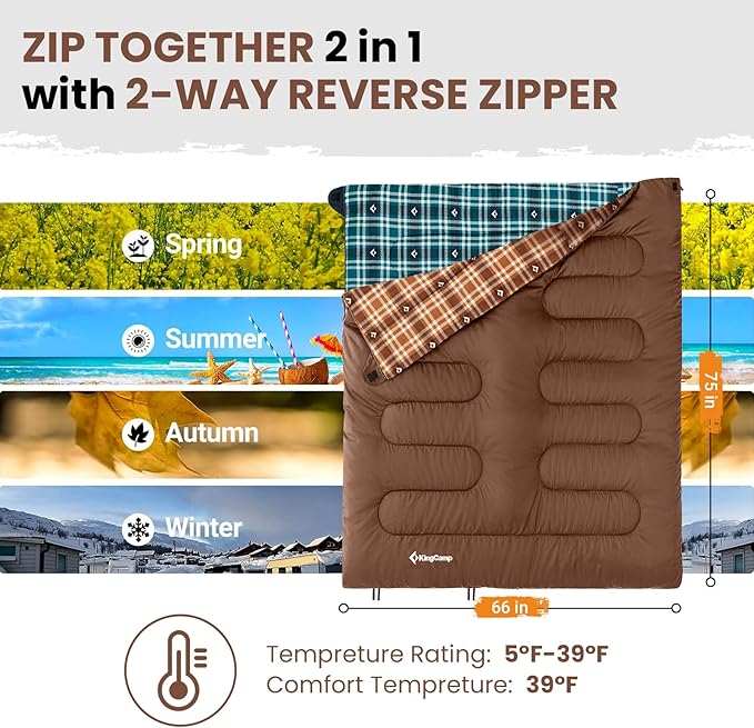 KingCamp Sleeping Bag for Adults, Cold Weather & Warm XL Big and Tall Flannel Sleeping Bags with Compression Sack Portable Waterproof Essentials Gear Accessories for Outdoor Camping