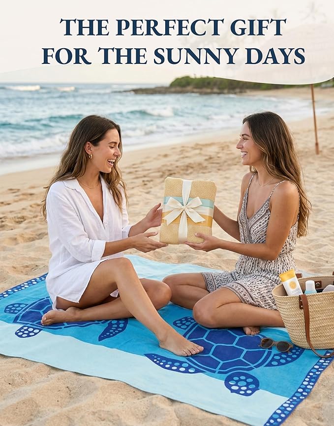 LANE LINEN Beach Towel 2 Pack, Oversized Beach Towel 39"x71", Lightweight Beach Essentials for Women, Large Pool Towel, Absorbent & Quick Dry, Sand Free Beach Towel - Turtle & Coral