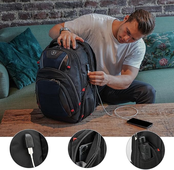 Swissdigital Design Men's Laptop Backpack for Man，Large Capacity Business Travel Backpack Black/Blue | J14-12