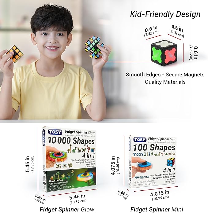 TOSY Magnet Fidget Spinner Glow - 16 Blocks, 3in1 Toy: Transformable Fidget Spinner, Infinity/Puzzle Cube, Easter Basket Stuffers Gift for Kids/Adults, Glowing STEM Sensory Stress Relief