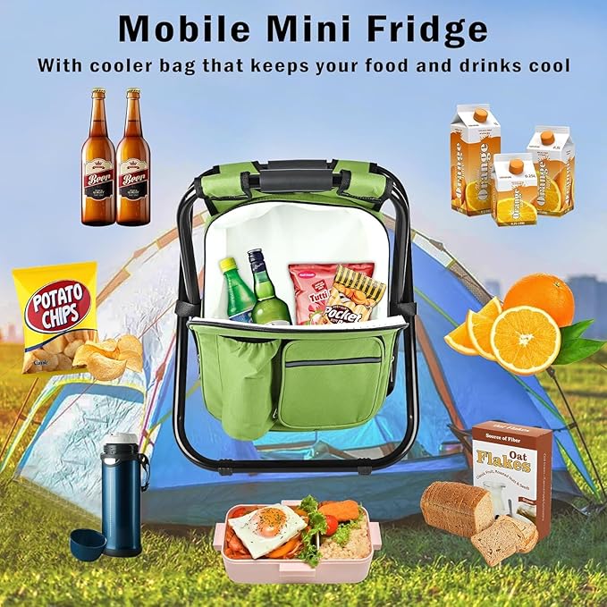 Kikerike Backpack Stool Cooler Chair Heavy Duty 400 LBS Max Load Portable Lightweight Stool Backpack Folding Fishing Cooler Seat for Camping Hunting Fishing - Grass Green