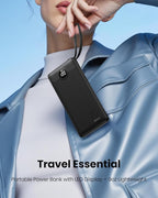 Portable Charger with Built in Cables, Slim 10000mAh Power Bank with USB C, External Battery Pack 5 Outputs 2 Inputs LED Display Compatible with iPhone/Android & More (Black)