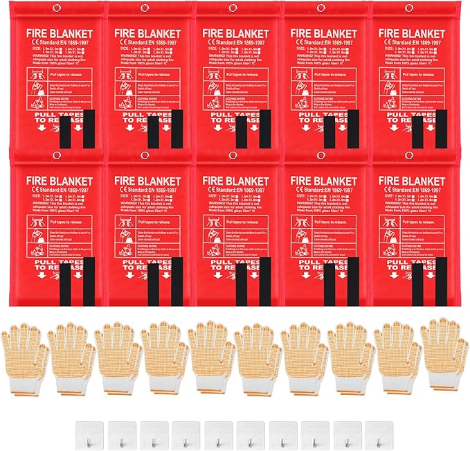 10 Pack Bulk Emergency Fire Blankets for Home and Kitchen with Fireproof Gloves & Hooks Safety Flame Suppression Fire Extinguisher for Camping House Warehouse Car 39.4"x39.4", Housewarming Gifts