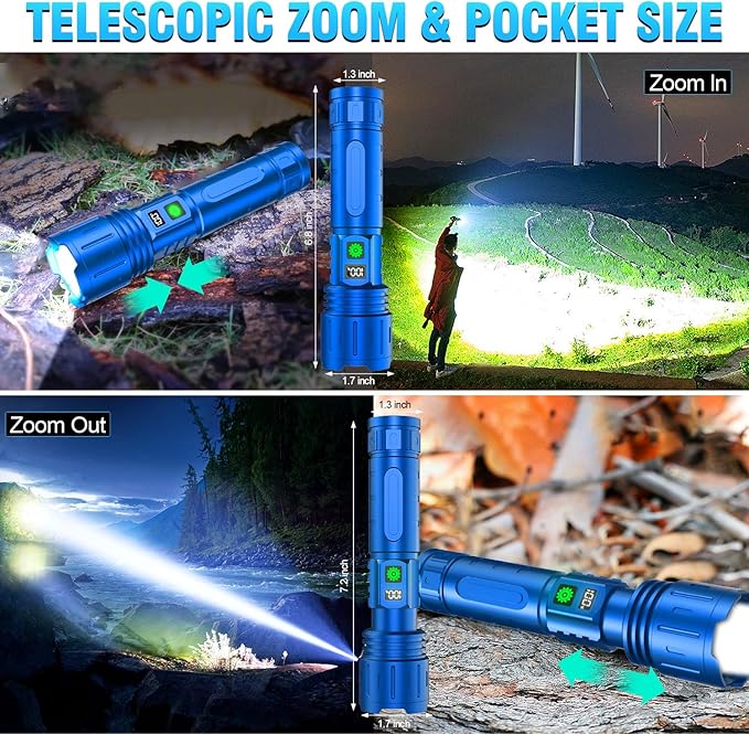 Rechargeable Tactical Flashlights High Lumens - 1500 Meters Long Beam Super Bright LED Flash Light with Power Display & IPX5 Waterproof for Camping, 20H Runtime,5 Modes,Zoomable Handheld Flashlight