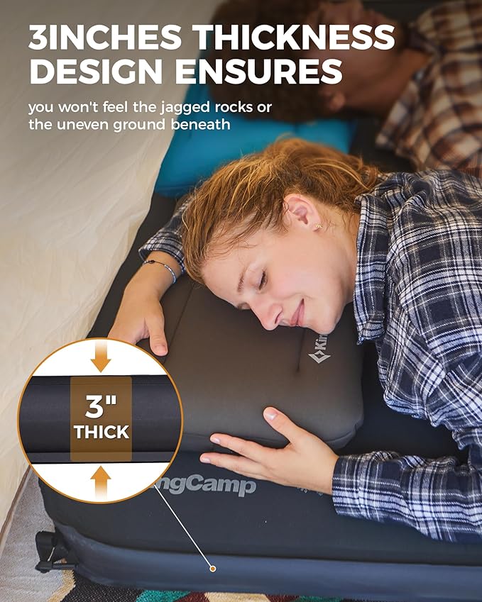 KingCamp Self Inflating Sleeping Pad, R 7.1/7.9 Dual Sided Air & Foam Camping Mattress 2 Person for All Seasons, 3" Thick Full Size Double Sleeping Pad for Camp Tent Outdoor Car, PVC Free