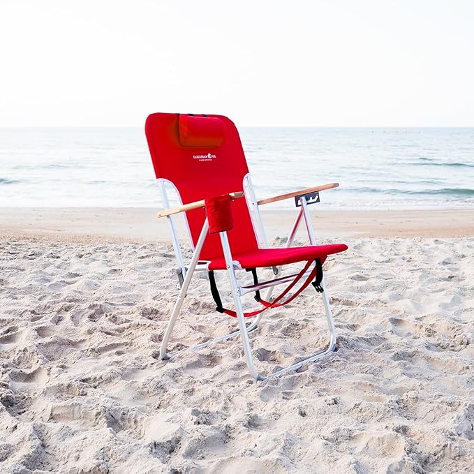 Caribbean Joe Folding Beach Chair, 4 Position Portable Backpack Foldable Camping Chair with Headrest, Cup Holder, and Wooden Armrests, 300 lb Capacity