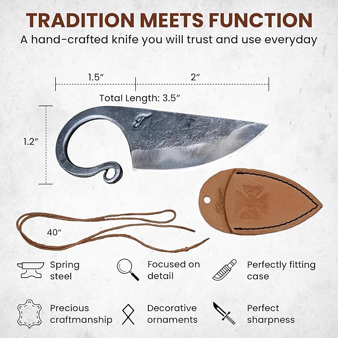 Toferner Celtic Pocket Knife, Hand Forged Fixed Blade Knives, Hardened Blade, Vintage Knife, Art Collection