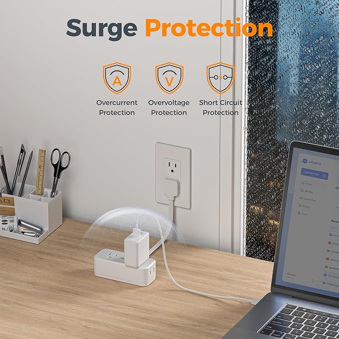 TESSAN Short Extension Cord 0.5Ft, Flat Plug Outlet Extender Surge Protector with 4 Widely AC with 3 USB Ports (1 USB C), Multi Plug Small Power Strip for Travel, Home Office College Dorm Essentials