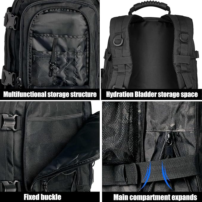Tactical Backpack Military Hiking Daypack - Molle Backpack for Men 3 Day Assault Pack Bug Out Bag for Camping Travel Army Hunting Gym Rucksack Survival (Black)