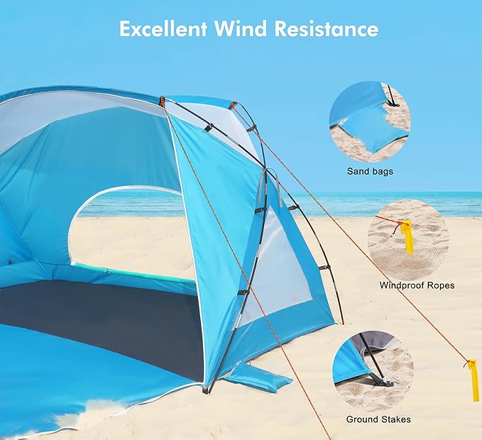 Beach Tent, Portable Sun Shelter for 2/3/4/6-8 Person with UPF 50+ UV Protection, Easy Setup Waterproof Beach Shade Canopy Cabana for Family Outdoor and Picnics, Fishing with Carrying Bag