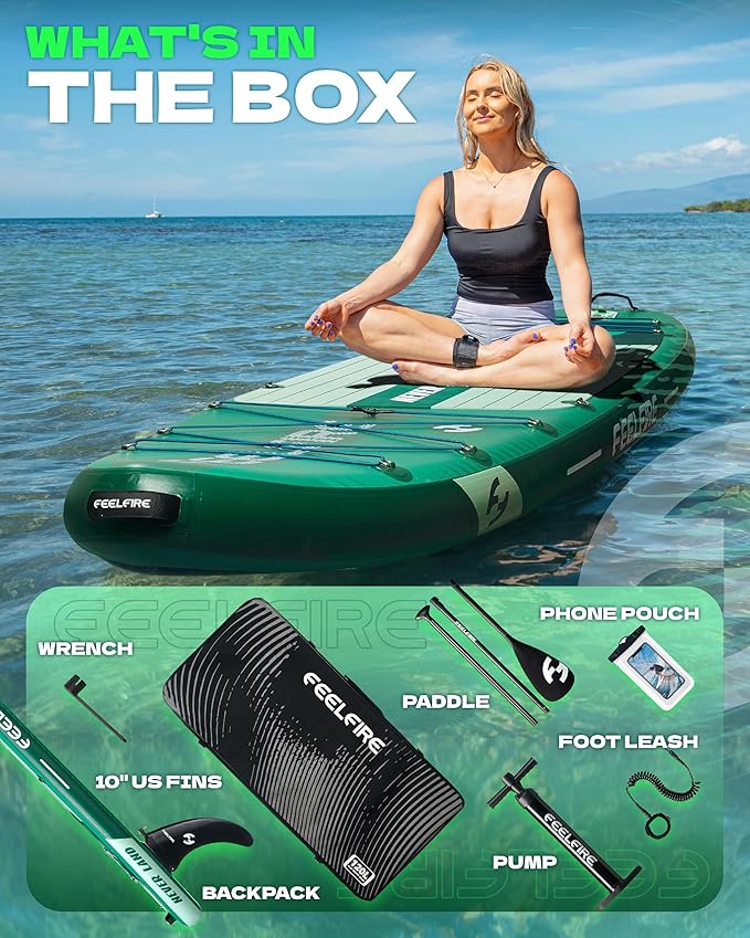 Feelfire11'x34” Extra Wide Inflatable Paddleboard, Stand-up Paddle Board for Adults, 420lb Capacity for Yoga/Fishing/Family, EVA Deck, US Fin, High-Pressure Pump, Storage Backpack, Safety Leash