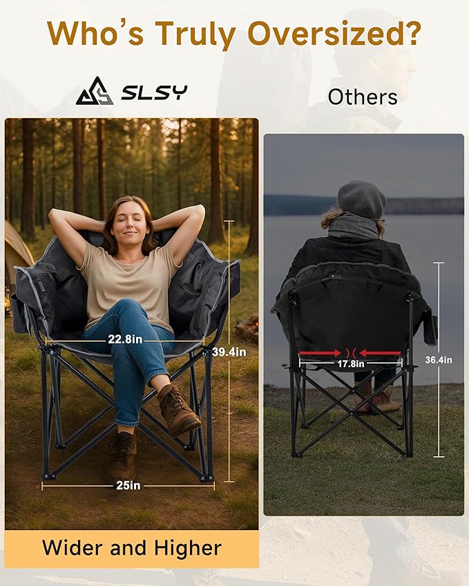 Slsy Heated Camping Chair Oversized, Outdoor Portable Heated Folding Chair, Heavy Duty 500 lbs Support, Padded Seat for Outdoor Sports, Camping, Patio, and Picnics