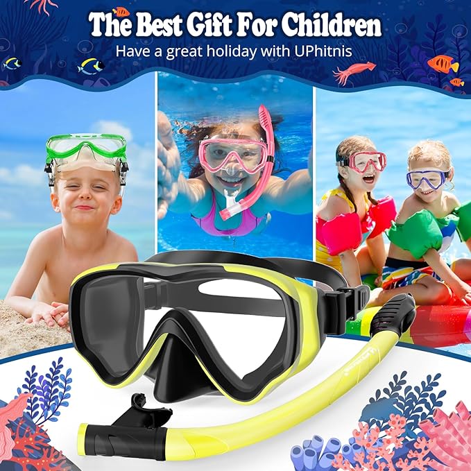 U PHITNIS Kids Snorkel Set for Age 4-14 - Dry Top Snorkeling Gear for Kids Junior & Youth - Childs Diving Mask with Big Eyes for Boys Girls - Anti-Fog Snorkeling Mask and Snorkel Set