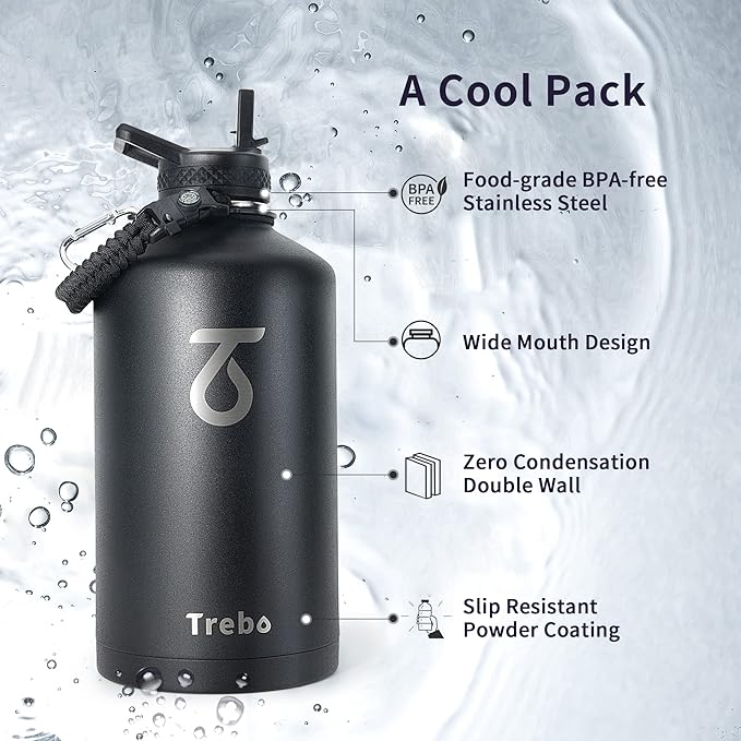 Trebo One Gallon Water Bottle Insulated with Paracord Handle,128oz Large Vacuum Double Wall Stainless Steel Insulated Jug with Straw Spout Handle Lids, Leakproof Keep Cold & Hot,Black