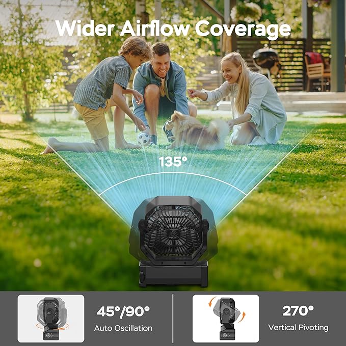 KITWLEMEN Camping Fan with Light - 20000mAh Rechargeable Battery Fan, 60Hrs Max Run Time, 4 Speeds, Timer, Auto Oscillation, 270° Pivot & Hook for Camping, Power Outage, Hurricane