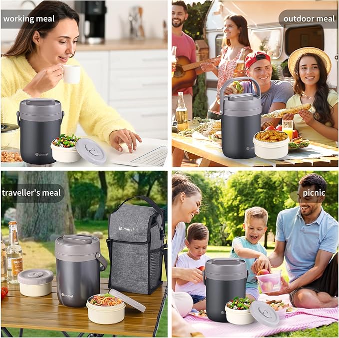 Adults Lunch Vacuum Soup Thermo For Hot Food with Inserts Stackable Bento Box Storage Container,Width Mouth Stainless Steel Portable Insulated Food Jar (grey, 74 oz)