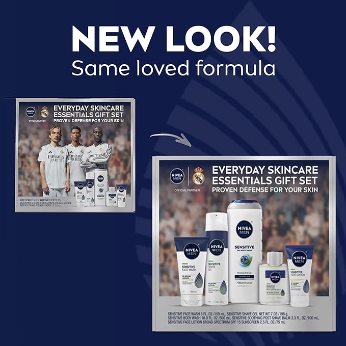 NIVEA MEN Sensitive Skin Care Set for Men, Face Wash, 5 Fl Oz + Body Wash, 16.9 Fl Oz + Shave Gel, 7 Oz + Soothing Post Shave Balm, 3.3 Fl Oz + Face Lotion SPF 15, 2.5 Fl Oz