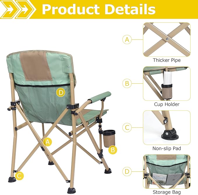 XGEAR Camping Chair with Padded Hard Armrest, Sturdy Folding Camp Chair with Cup Holder, Storage Pockets Carry Bag Included, Support to 400 lbs