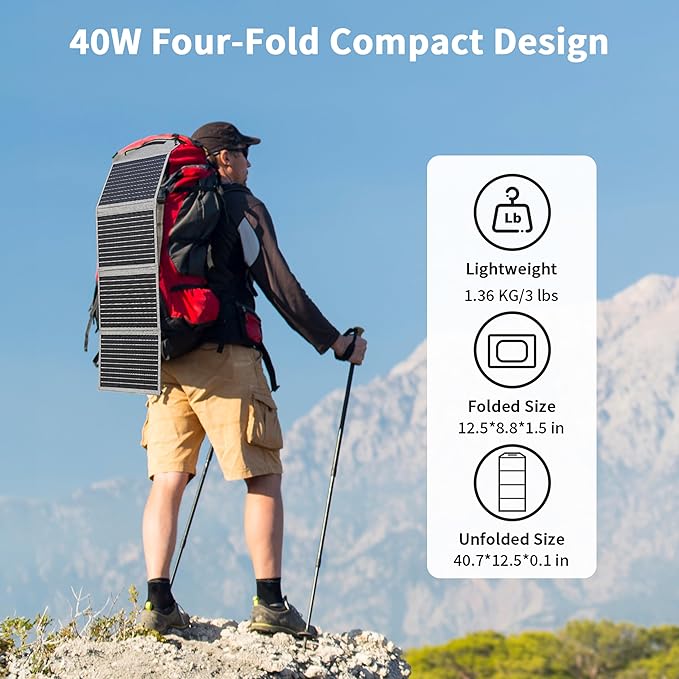 [Upgraded] MHPOWOS 40W Portable Solar Panel Charger with Triple Output (USB-C/USB-A/DC), 23% High-Efficiency & IP65 Water Resistant, Ultra-Compact Design for Backpack Camping Hiking Phone Power Bank