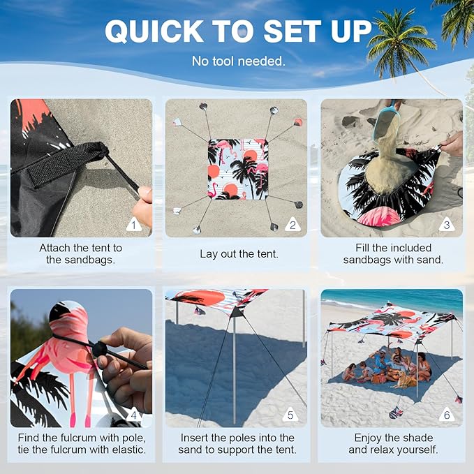 Rhino Valley Beach Tent Shade Canopy UPF50+ Protection, 8 Sandbags, 4 Stability Poles, Outdoor Sun Shelter Umbrella for Sand, Camping, Fishing Essentials