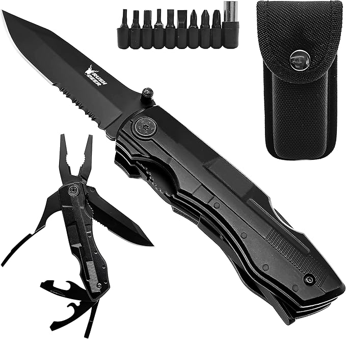 Rush Deer Pocket Knife - Folding EDC Multitool for Men, Small and Versatile Camping, Fishing, and Hiking Accessories Set (Matte Black)