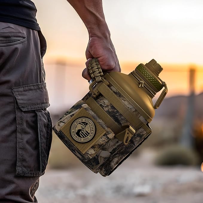 Combat Canteen - 64oz Insulated Water Bottle with Paracord Handle, Stainless Steel Water Jug with Rugged Pockets for Keys, Wallet & Phone - Woodland Camo