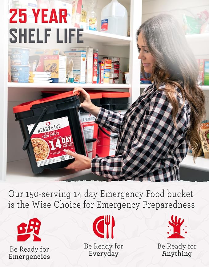 ReadyWise Emergency Food Supply - 14 Day, 150 Servings Emergency Freeze Dried Food Bucket, Protein Meals, Camping Essentials, Survival Kit, Disaster Prepping Supplies, up to 25 Year Shelf Life