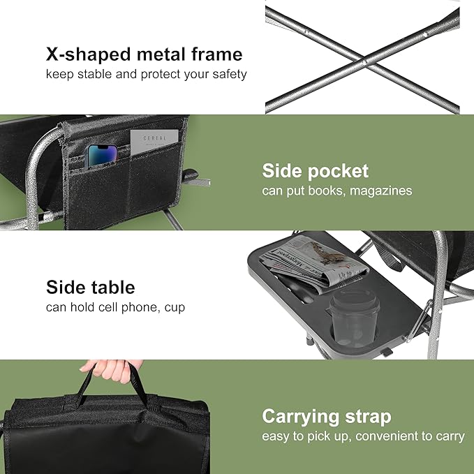 YOUNG WOOD Camping Directors Chair, Lightweight Oversized Portable Folding Chair with Side Table and Storage Pockets for Outdoor Camping, Lawn, Picnic and Fishing, Supports 400lbs (Black)
