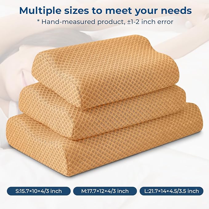 Travel Pillow Memory Foam Pillows, Ergonomic Wave Cervical Neck Pillow for Neck Pain Relief, Compressible Medium Firm Side Sleeper Pillow, Ideal for Camping, Office, Home & Bed (Orange, S)