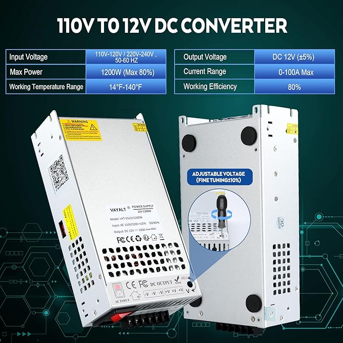 VAYALT DC 12V 100A 1200W Switching Power Supply, 110V/220 V Power Supply AC to DC Converter, Universal Regulated Switching,12V Power Supply for CCTV Camera System,3D Printer,Led Strip,Computer Project