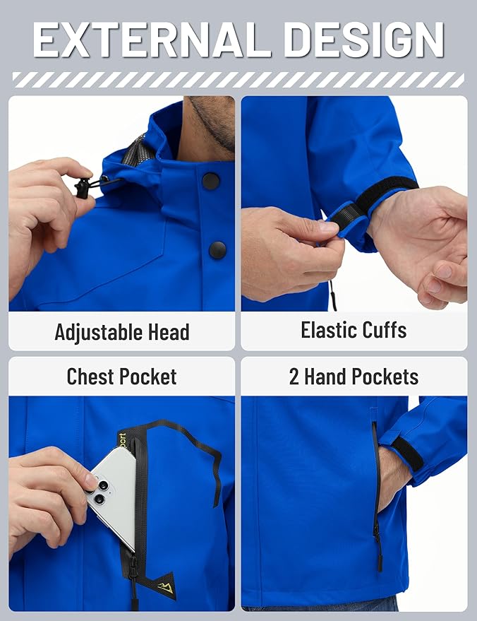 TACVASEN Men's Rain Jacket Lightweight Windbreaker with Hooded Water Resistant Outdoor Raincoat for Hiking Travel Camping