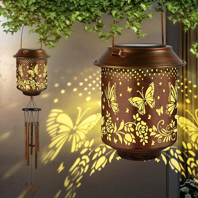 Solar Lanterns with Wind Chimes - Garden Decor Set Includes Greeting Card & Gift Wrap Paper, Patio Yard Birthday Gifts for Women, Solar Lanterns Outdoor Waterproof (Butterfly)