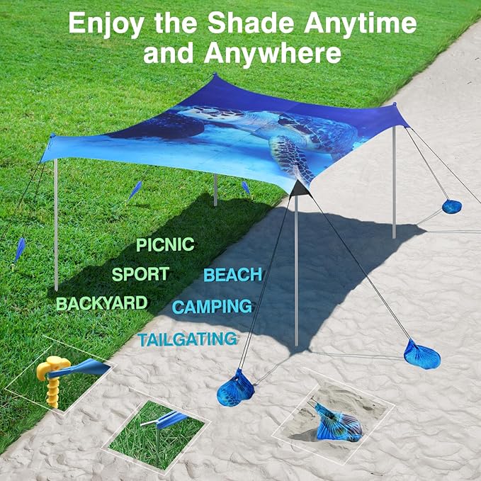 Rhino Valley Beach Tent Shade Canopy UPF50+ Protection, 8 Sandbags, 4 Stability Poles, Outdoor Sun Shelter Umbrella for Sand, Camping, Fishing Essentials