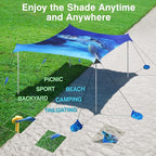 Rhino Valley Beach Tent Shade Canopy UPF50+ Protection, 8 Sandbags, 4 Stability Poles, Outdoor Sun Shelter Umbrella for Sand, Camping, Fishing Essentials