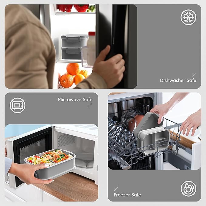 Jelife Adult Bento Box Lunch Box - 3 Layers Stackable Bento Lunch Box for Adults, 72oz Large-Style All-in-One Bento Boxes Leak-Proof Lunchbox with Utensil Sauce Containers for Dining Out,Work, Grey