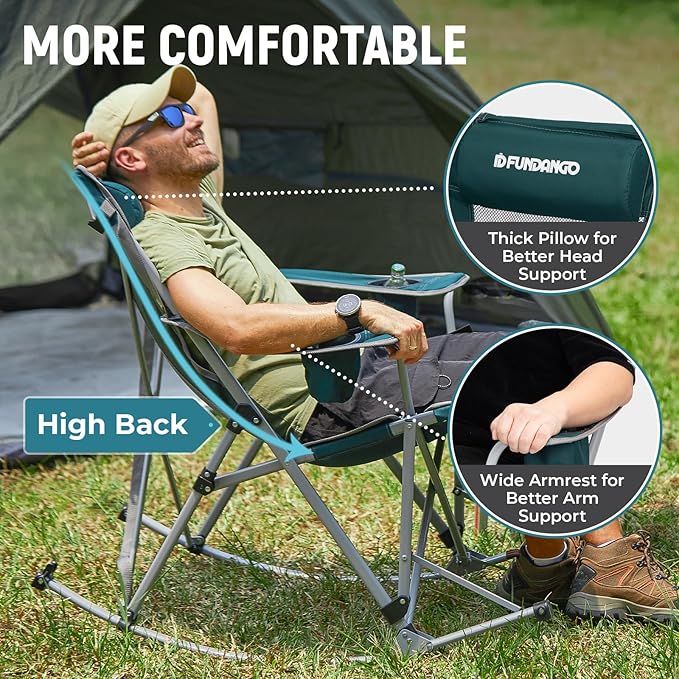 FUNDANGO Rocking Camping Chair, High Mesh Back Portable Folding Camp Chairs with Pillows, Cup Holder and Carry Bag for Lawn Patio Garden Outdoor Supports 300 Lbs (Green/Grey)