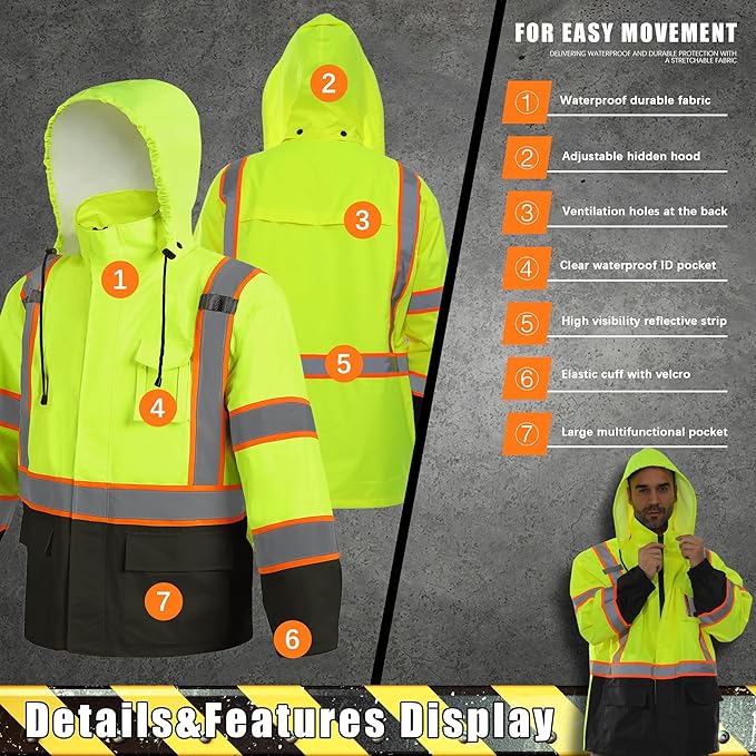 Hi Vis Safety Rain Jacket for Men Women Waterproof Breathable Rain Gears with Mesh Lining Black Bottom Lightweight Work Jacket (L/XL)