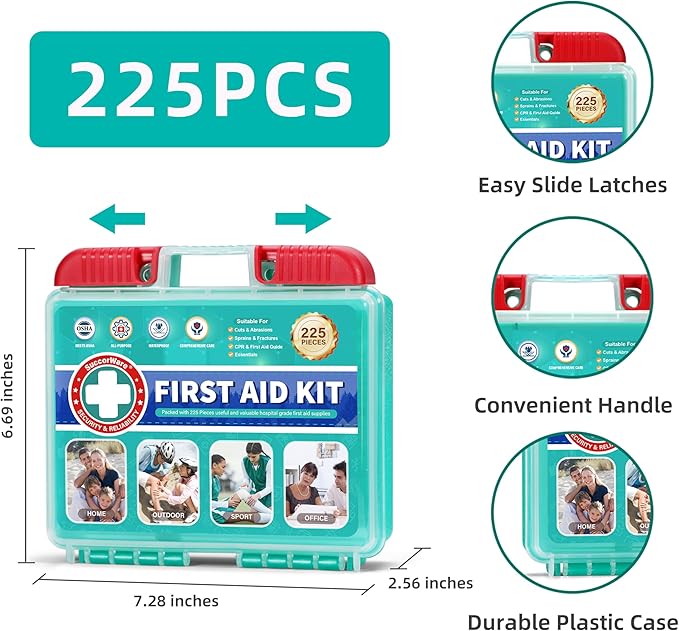 225 Pieces Portable Emergency First Aid Kit for Minor Wound Care, Includes Adhesive Bandages, Wound Gauze Pads, Ideal for Home, Car & On-The-Go
