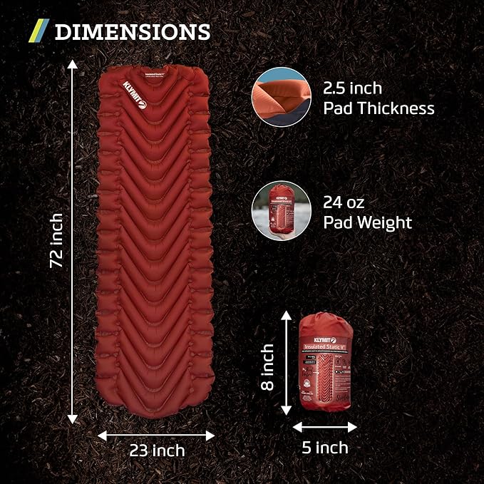 KLYMIT Insulated Static V Inflatable Sleeping Pad | Comfortable, Lightweight, Easy to Inflate, Portable Air Bed Mattress for Camping, Backpacking and Hiking — Red